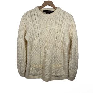 Irish Aran Fisherman Cable Knit Sweater 100 Merino Wool Cream Pockets M Vintage